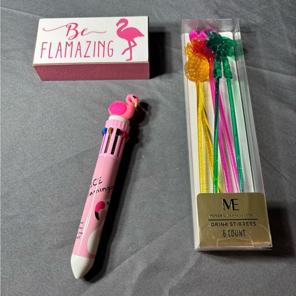3 pc New Flamingo Multi-Color Cocktail Stirrers & Pink Flamingo Pen Set